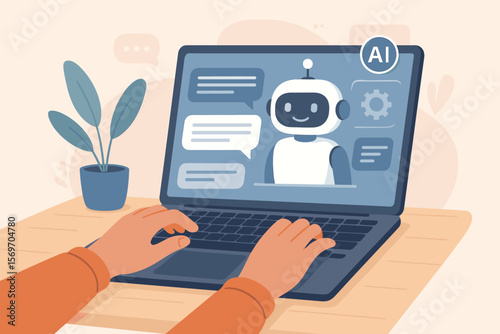 Chatbot AI assistant concept. User hands typing on a laptop, chatting with a virtual bot. Artificial intelligence technology for communication, online customer service, and support.