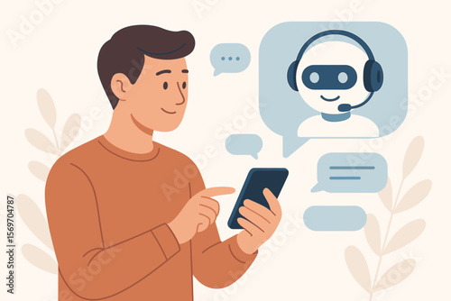 Man chatting with AI chatbot on a smartphone for customer support. Virtual assistant conversation concept with a friendly robot. Smart online help and machine learning.
