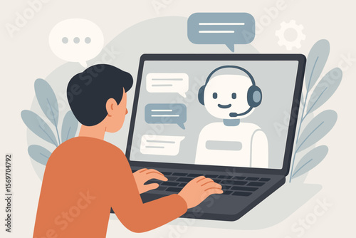 AI assistant interaction. Man typing on laptop, communicating with a chatbot. Virtual customer support service. Smart technology, online helpdesk, artificial intelligence concept.
