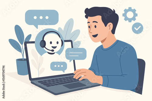 Man using AI chatbot on laptop for customer service. Virtual assistant robot providing online support. Artificial intelligence technology concept. Technical helpdesk communication.