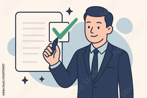 Businessman character approves document, contract, or project. Manager putting a green checkmark on a checklist. Concept of passing inspection, quality control, survey, and acceptance.