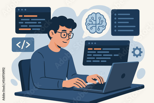 AI powered web development and programming. Software developer coding with artificial intelligence support. Machine learning assistant. Coder at laptop vector illustration.