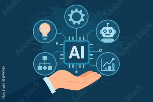 Artificial intelligence technology concept. Hand holding AI microchip with icons for machine learning, data processing, automation, innovation, and robotics. Digital interface.