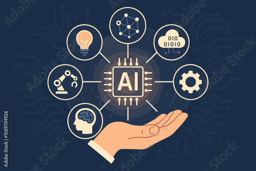 Artificial intelligence concept. Hand holding AI chip with icons for machine learning, automation, data processing, neural network, robotics, and innovation. Tech vector.