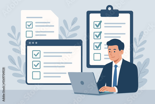 Businessman at computer completing a checklist. Task management, productivity, and survey concept. Online assessment form, questionnaire and audit on clipboard and website.