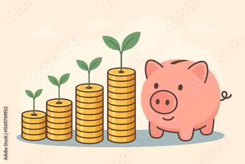 Piggy Bank Savings Growth, Investment Money Coin Stack, Financial Success, Plant Sprout on Coins, Wealth Management, Budget Planning, Economic Prosperity, Finance Concept