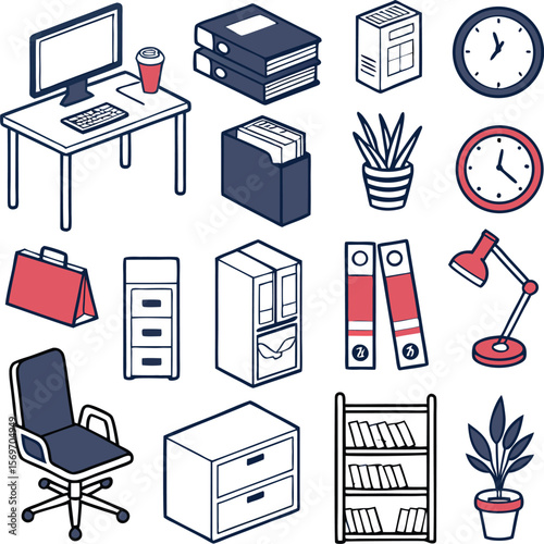 Office elements design showing desk, chair, and other stationery items