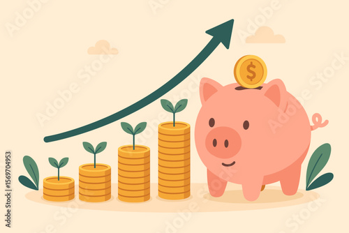 Piggy Bank Savings Growth, Investment Money Coin Stack with Plants, Financial Success, Upward Graph, Wealth Management, Budget Planning, Economic Growth Concept