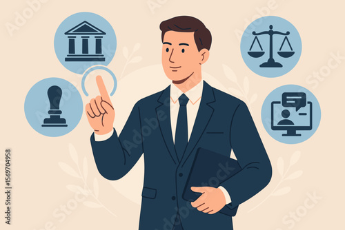 Business legislation and legal services concept. Lawyer or notary professional touching virtual icons for justice, law, and online advice. Regulation, compliance, attorney work.