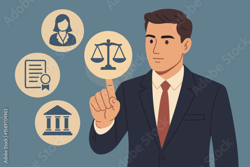 Legal professional with justice icons. Suited lawyer touches virtual symbols of law, justice, legal services. Business legislation, notary, corporate law, compliance concept.