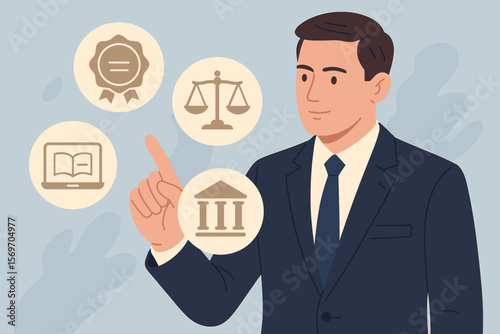 Lawyer providing legal services online. Business legislation concept with justice icons. Attorney, notary, consultant with symbols of law, court, certificate and judiciary.