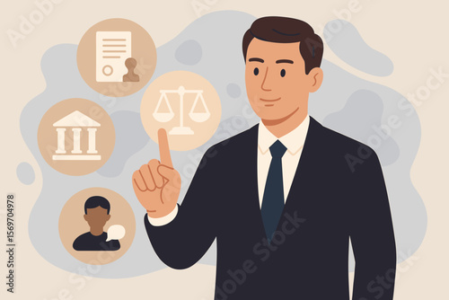 Legal services concept with lawyer pointing at virtual icons. Attorney providing justice, business legislation, and consultation. Court, law, regulation and notary symbols.