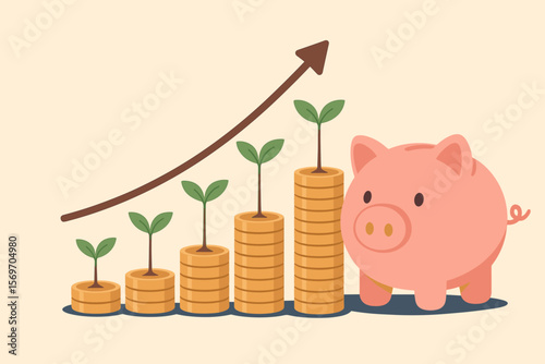 Financial growth investment concept. Piggy bank with gold coin stacks, plants growing, upward arrow. Saving money, wealth management, profit, economic success, business finance.