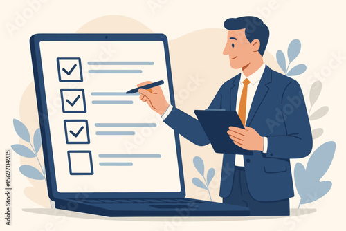 Business performance checklist. Businessman completing online survey. Digital form, questionnaire, assessment on laptop. Task management, evaluation, job report. Success.