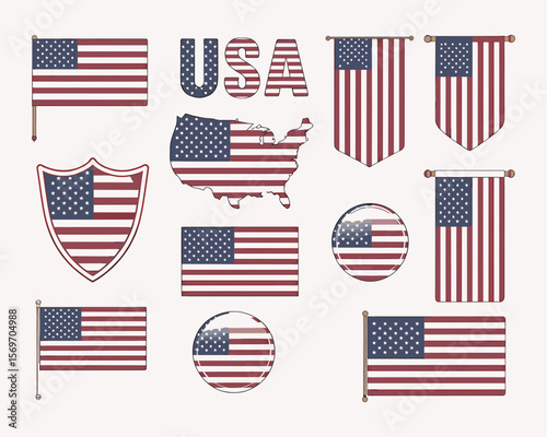 Collection of USA Flag Designs in Various Shapes, Including Heart, Shield, Map, and Standard Flags, Patriotic USA Symbols in Red, White, and Blue, American Pride Art