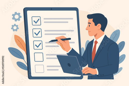 Businessman completing a business performance checklist on a digital tablet. Man filling out online survey form for assessment, questionnaire, or employee evaluation. Task list.