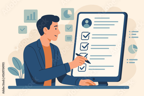 Man completing online survey. Business performance evaluation. Digital checklist for task management. Employee assessment on computer. Customer satisfaction feedback. Productivity.