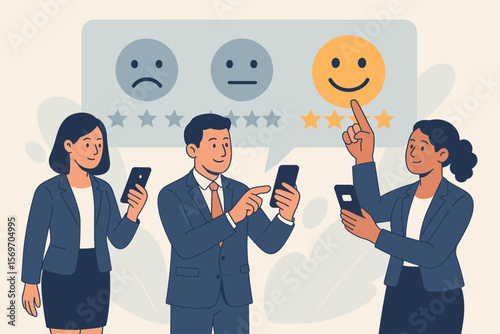 Customer satisfaction concept. Business people give positive feedback. Client experience survey. Five star rating on mobile app. Excellent service review with happy emoji.