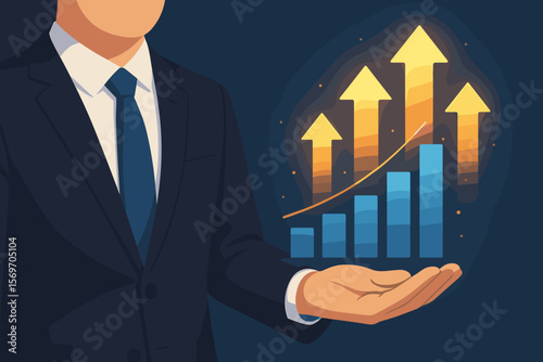 Businessman holding a rising bar chart with glowing arrows. A concept representing business growth, financial success, stock market investment, data analytics, and profit.