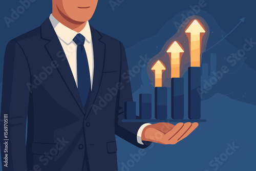 Businessman holding rising bar chart with glowing arrows. Concept for business growth, financial success, profit increase, investment strategy, stock market and data analytics.