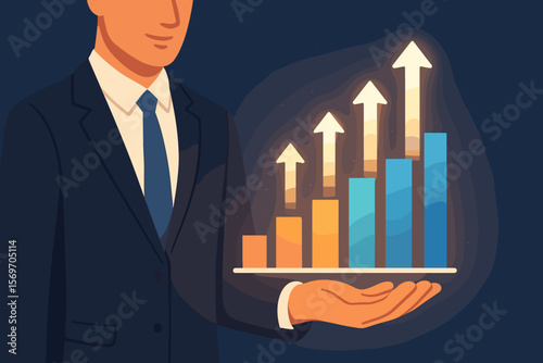Businessman holding glowing rising bar chart and arrows. Concept of business growth, financial success, stock market investment, profit increase and data analytics strategy.