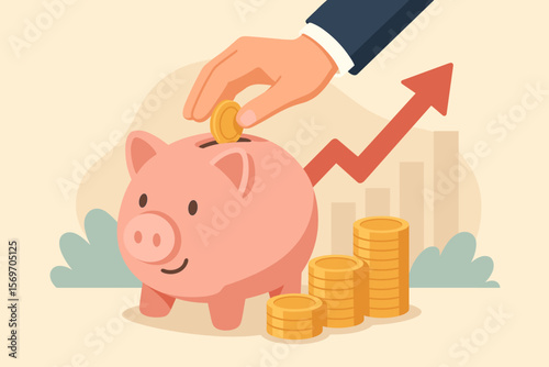 Saving money concept. Hand puts coin in piggy bank. Financial investment growth. Business wealth accumulation. Finance planning for retirement. Rising arrow graph and chart. Budget.
