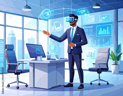 Businessman Wearing Vr Headset Interacting with Virtual Interface in Modern Blue Office with Financial Charts and City View