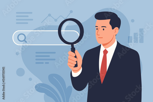 Businessman holding a magnifying glass over a search bar. Concept of data analysis, search engine optimization (SEO), market research, information seeking, and business strategy.