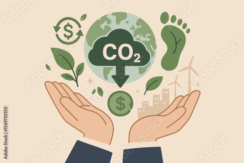 ESG concept with businessman hands. Carbon credit, CO2 reduction, and footprint icons for sustainable business. Green circular economy to limit climate change and global warming.