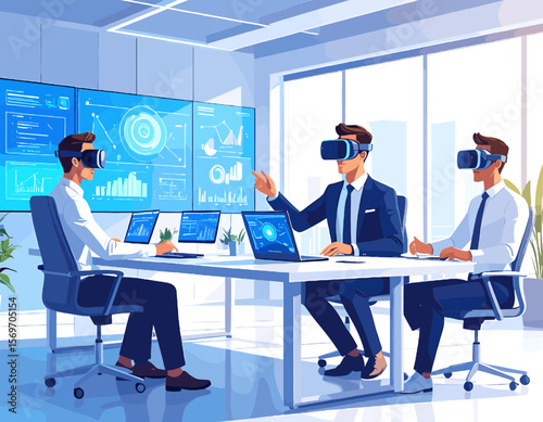 Businessmen Wear Vr Headsets in Modern Meeting Room Presenting Data on Digital Screens in Light Blue Tone Futuristic Immersive Experience