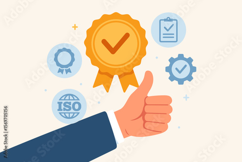 Businessman hand shows the sign of top service. Best quality assurance, guarantee, standards, ISO certification and standardization concept. Product quality control check.