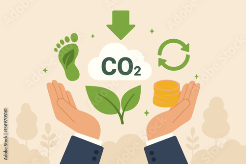 Carbon reduction vector concept. Decrease CO2 emissions. Carbon footprint and carbon credit to limit global warming. Sustainable business, climate change, ESG, circular economy.