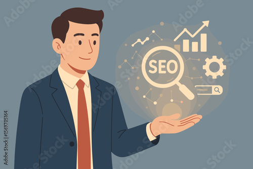 Businessman holds virtual SEO icon for search engine optimization analysis. Digital marketing concept for promoting ranking, website traffic, and online business strategy growth.