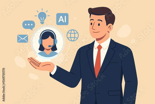 Businessman holding AI virtual assistant icon for customer service. Concept of smart technology, chatbot support, artificial intelligence innovation, digital communication tools.