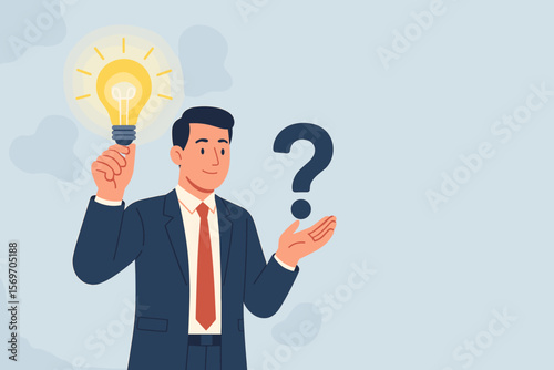 Businessman holding glowing lightbulb and question mark. Problem solving, creative thinking, idea, innovation concept. Finding solution, answers, faq. Modern flat vector.