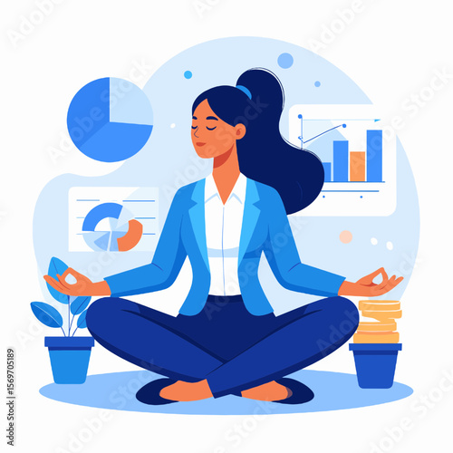 Businesswoman in Lotus Position Meditating with Financial Charts and Potted Plant in Modern Office Setting