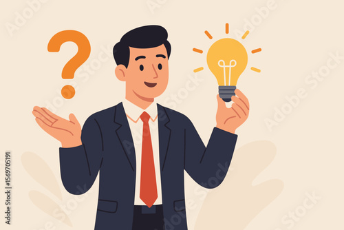 Businessman holding glowing light bulb and question mark, creative thinking, idea generation, problem solving concept, innovation, inspiration, modern flat vector cartoon illustration