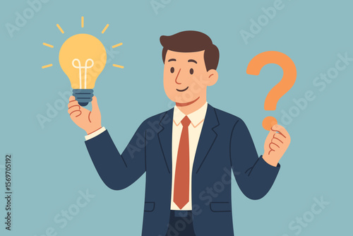 Businessman holding glowing lightbulb idea and question mark. Problem solving, creative thinking, innovation, business solution, strategy, choice, inspiration, metaphor.