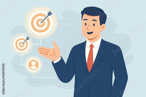 Businessman in suit presenting virtual target icons, business objectives, strategic planning, goal achievement, customer targeting, business growth, modern flat vector illustration