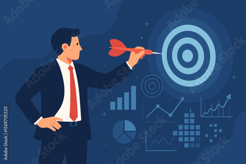 Businessman aiming red dart at virtual target board. Setting business objectives, achieving goals, digital marketing strategy, investment planning, data analysis, success concept