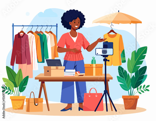 Cheerful African Woman Creates Online Clothing Haul Video in a Bright Studio With Plants and Racks Full of Colorful Clothes in Flat Vector Design