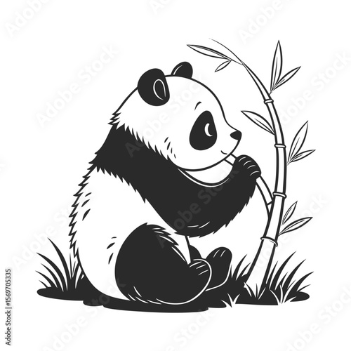A charming cartoon illustration of a cute baby panda bear enjoying a bamboo snack in the wild