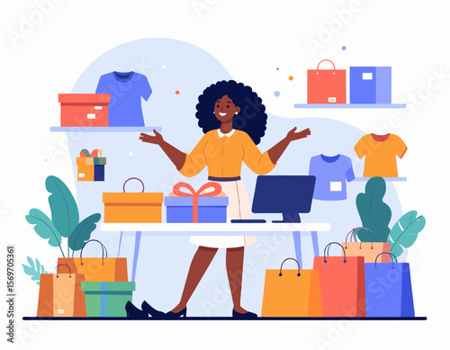 Cheerful Woman Surrounded by Colorful Shopping Bags and Boxes in a Retail Store with Clothing Displayed on Shelves Vector Illustration