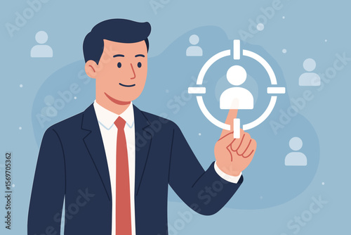 Businessman selecting target customer icon. Human resource recruitment, client focus, CRM, customer relationship management, business sales, employee selection, HR concept illustration.