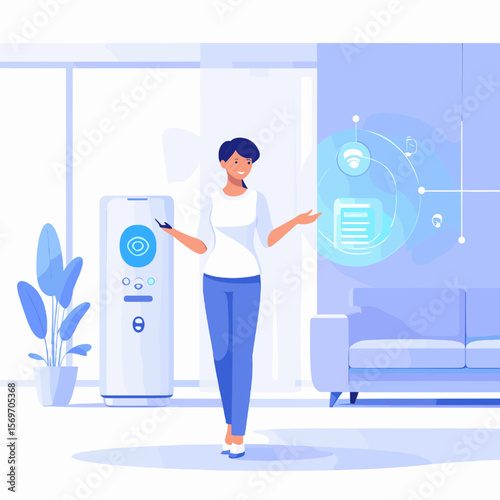 Cheerful Woman Interacting with Holographic Display in Light Blue Themed Apartment Interior Featuring Smart Technology and Modern Minimalist Design