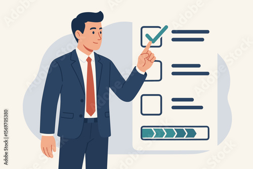 Businessman ticking checklist with progress bar, project management, task tracking, workflow progress, productivity, business planning, organization, corporate development