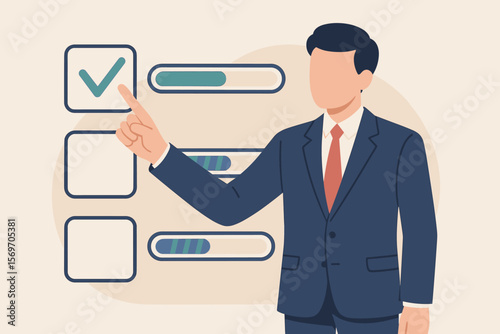 Businessman in suit checking completed task on project management checklist, progress bars, productivity tracking, workflow organization, task completion, business planning