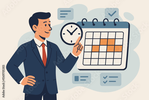 Businessman in suit managing schedule with digital calendar and clock. Time management, planning, productivity, organization, deadline, task prioritization, office workflow concept
