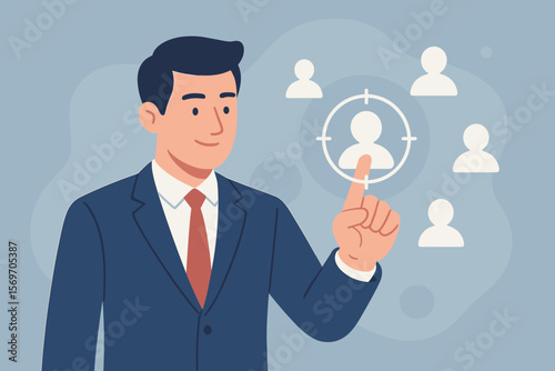 Businessman selecting target customer icon. Human resource recruitment. CRM customer relationship management. Sales strategy. Business focus. Team management. Digital marketing.