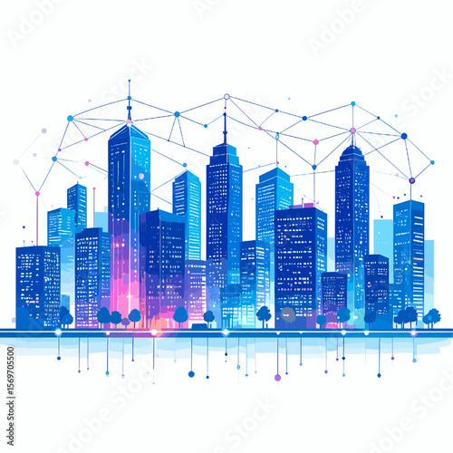 Wallpaper Mural Cityscape Skyline with Blue Skyscrapers and Colorful Sunset Hues Geometric Network of Connected Dots Connecting Urban Buildings with a Backdrop of Geometric Details Torontodigital.ca